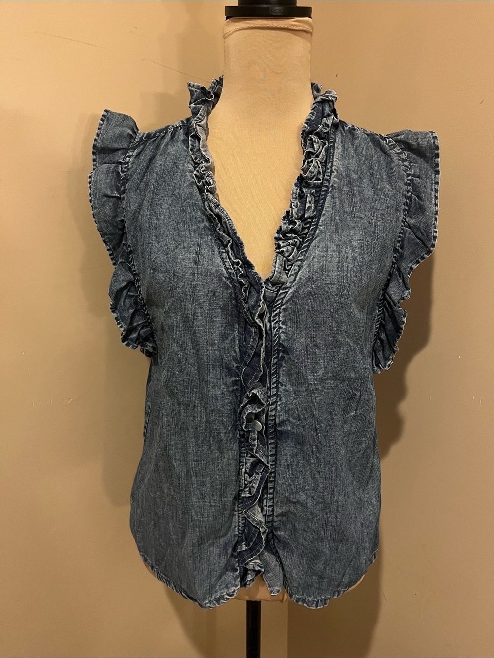 ivy jane Dark Blue Ruffled Chambray V-Neck Blouse, XS